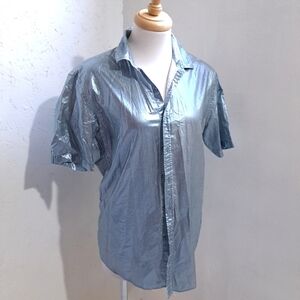 LE 31 | simons metallic blue women's short sleeve button up shirt